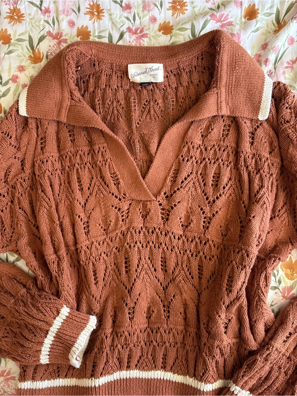 Universal Thread Long Sleeve Open Knit Sweater Size M Brown White Stripes Fall - Picture 3 of 6